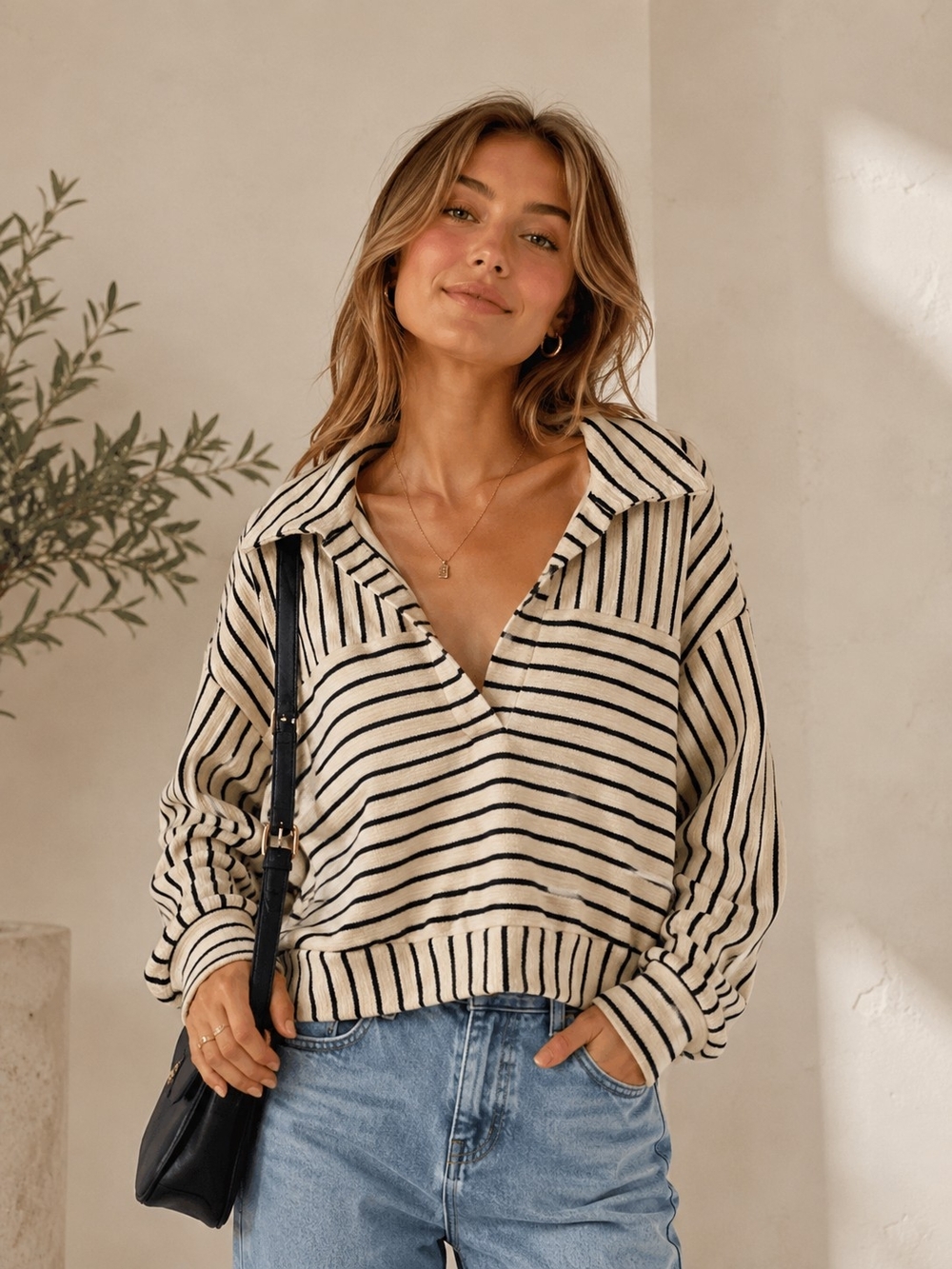 Sincerly Jules Cream and Black Striped Knit Polo Pullover Top Medium